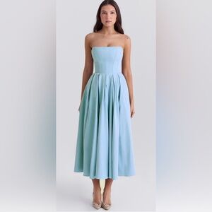 HOUSE OF CB AUDREY TUSCAN BLUE STRAPLESS MIDI SUNDRESS IN SIZE LARGE